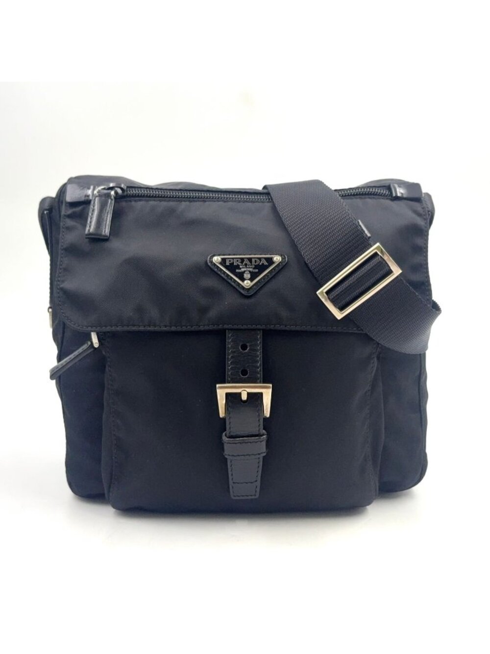 Prada Nylon Leather Black Shoulder Bag Silver
